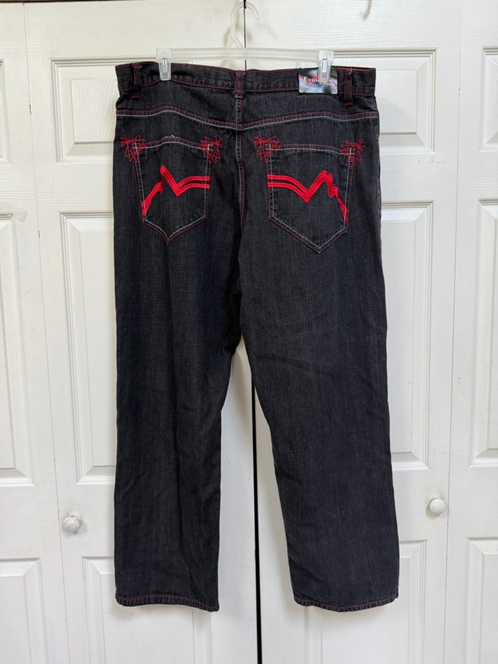 Y2K Evolution in Design Jeans Mens 42x34 Relaxed Black with Red Stitch Pockets